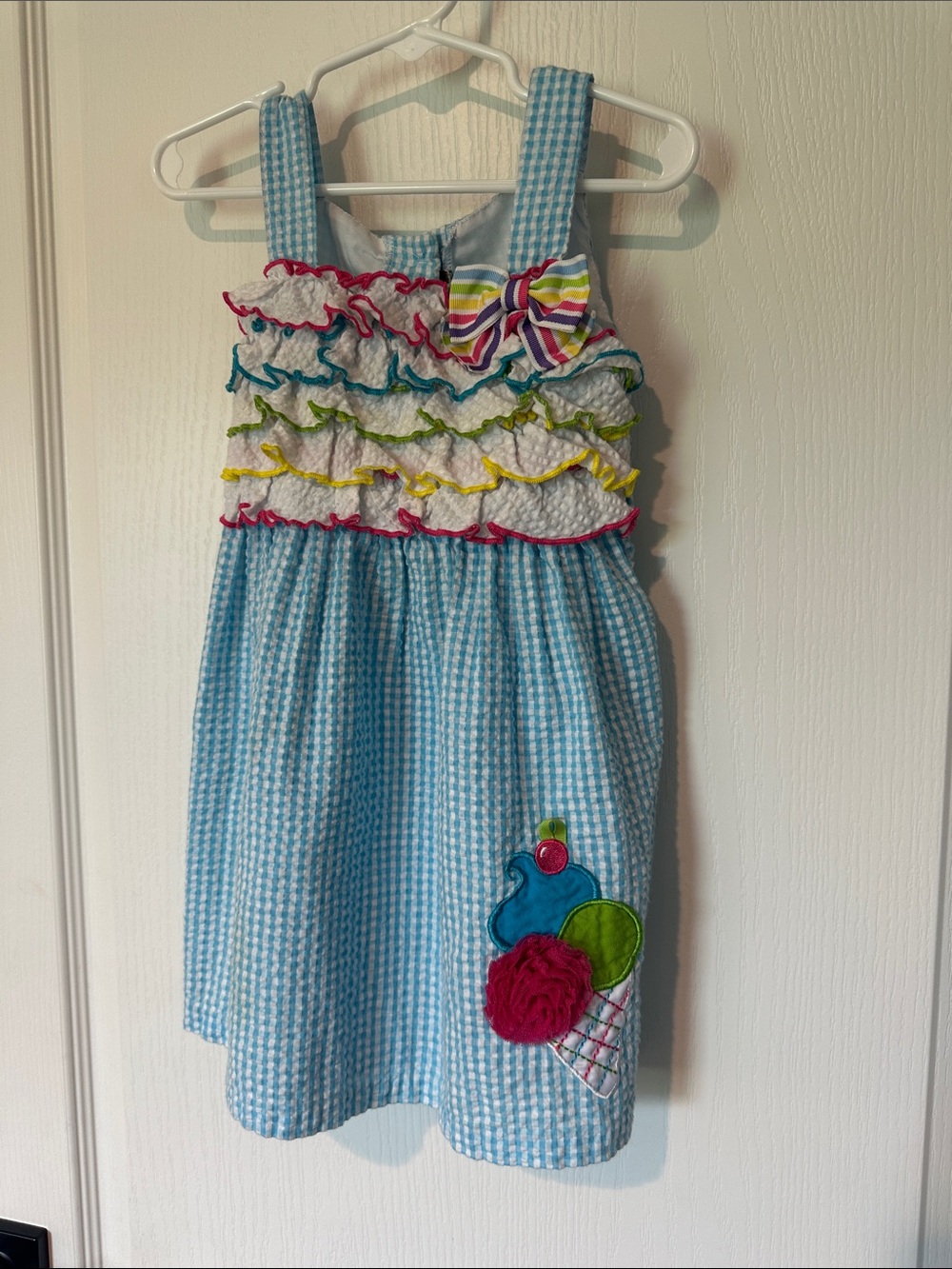 Emily Rose Blue Gingham Sundress with Rainbow Bow and Ice Cream Applique